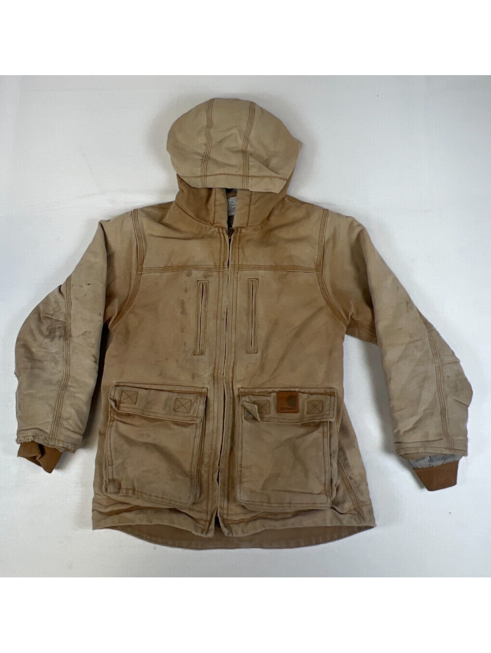 Carhartt Kids 7 Tan Canvas Hooded Work Jacket Heavyweight Utility Coat